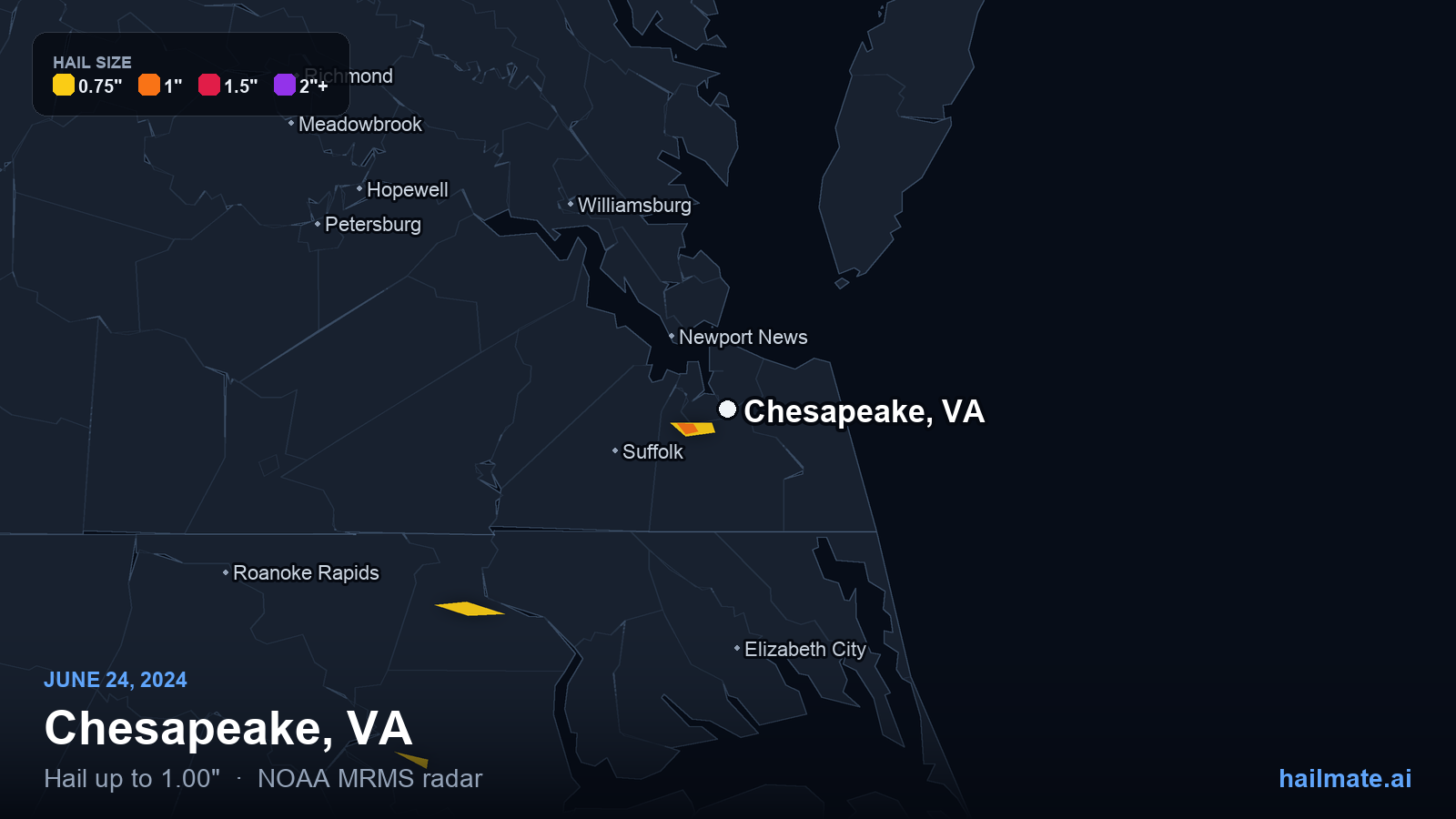 Hail swath map for Chesapeake, VA on June 24, 2024 showing 1.00 inch hail.