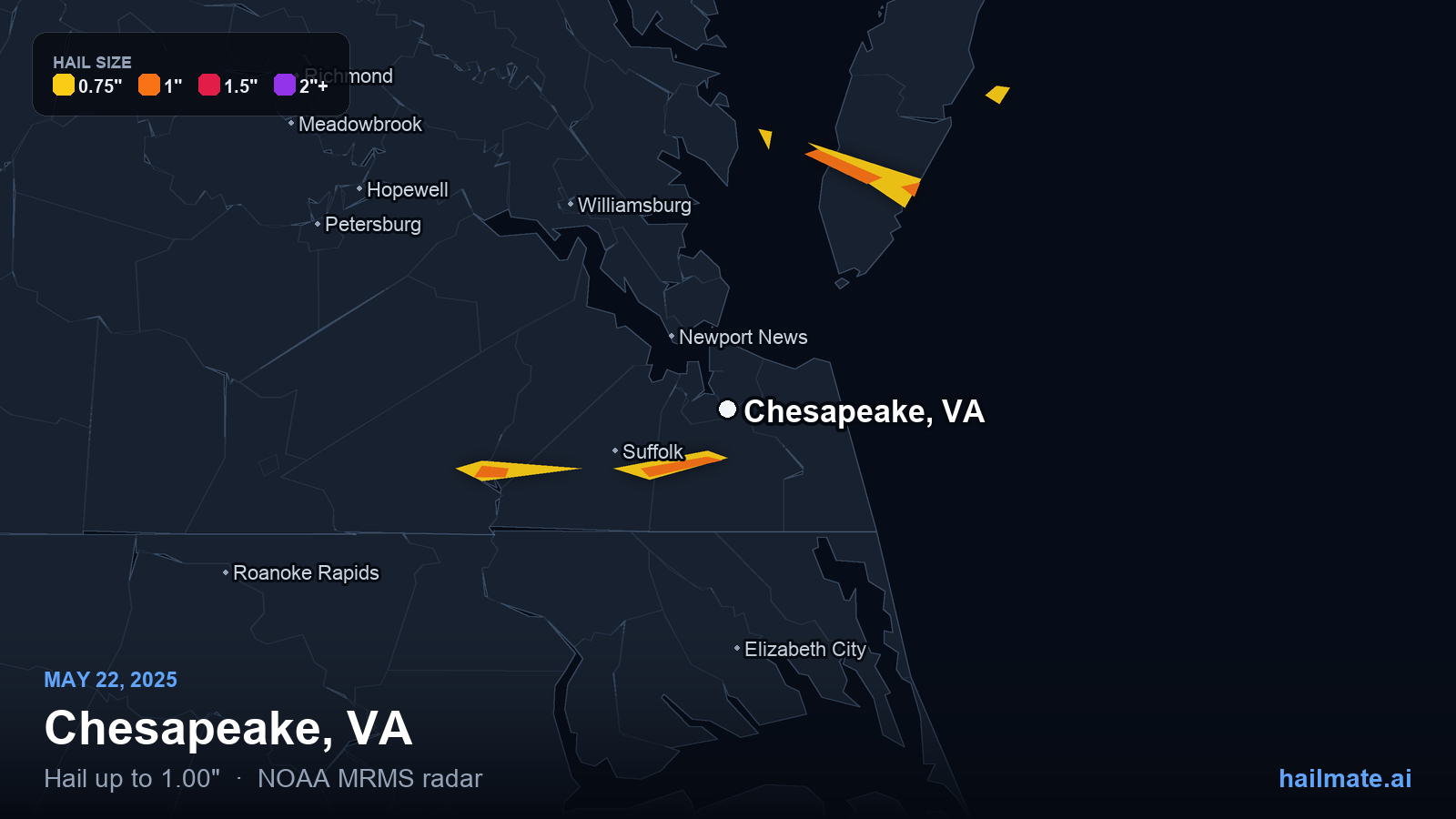 Hail swath map for Chesapeake, VA on May 22, 2025 showing 1.00 inch hail.