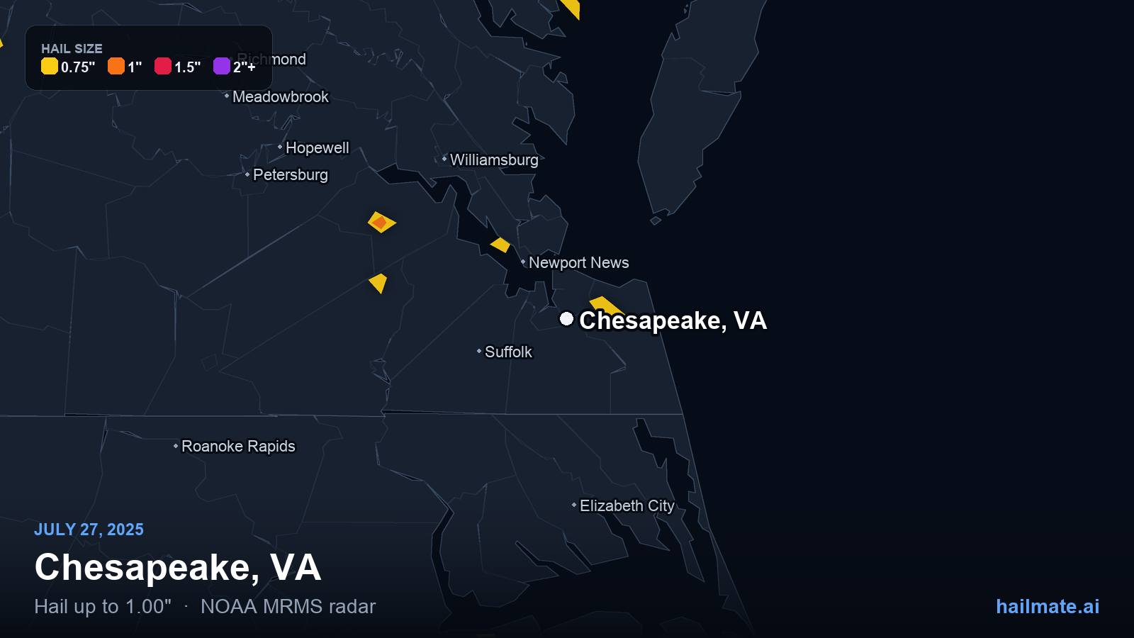 Hail swath map for Chesapeake, VA on July 27, 2025 showing 1.00 inch hail.