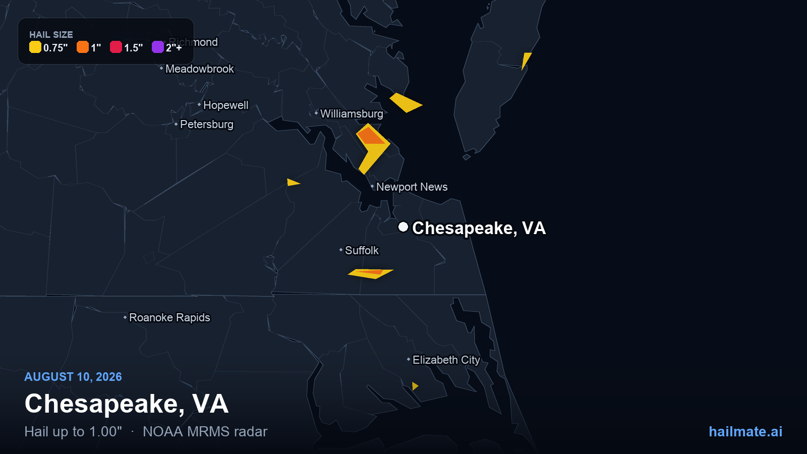 Hail swath map for Chesapeake, VA on August 10, 2026 showing 1.00 inch hail.