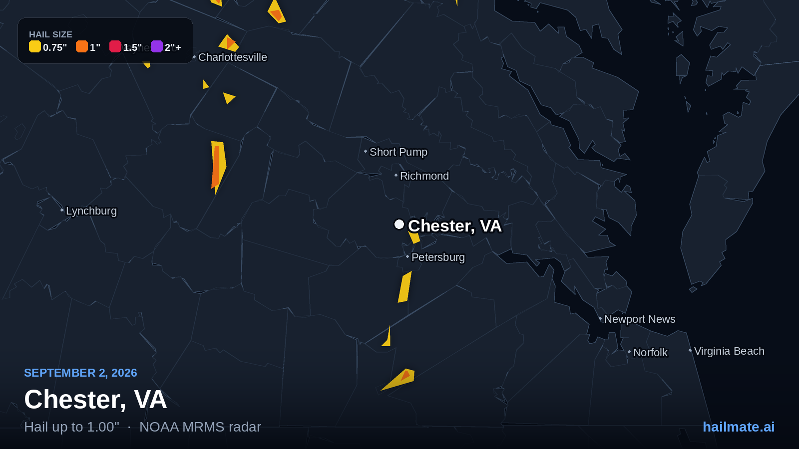 Hail swath map for Chester, VA on September 2, 2026 showing 1.00 inch hail.