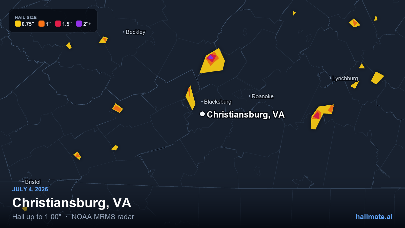 Hail swath map for Christiansburg, VA on July 4, 2026 showing 1.00 inch hail.