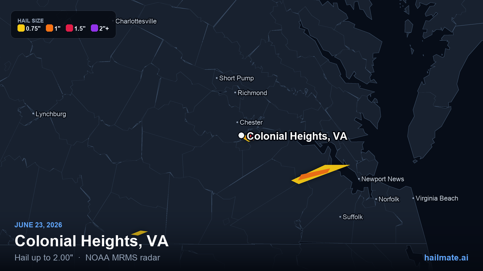 Hail swath map for Colonial Heights, VA on June 23, 2026 showing 2.00 inch hail.