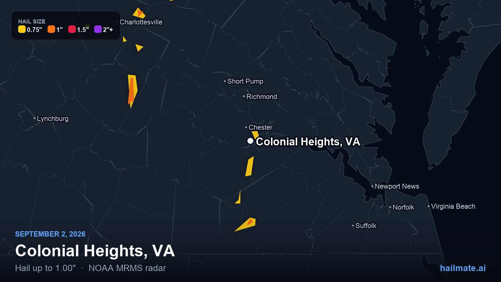 Hail swath map for Colonial Heights, VA on September 2, 2026 showing 1.00 inch hail.