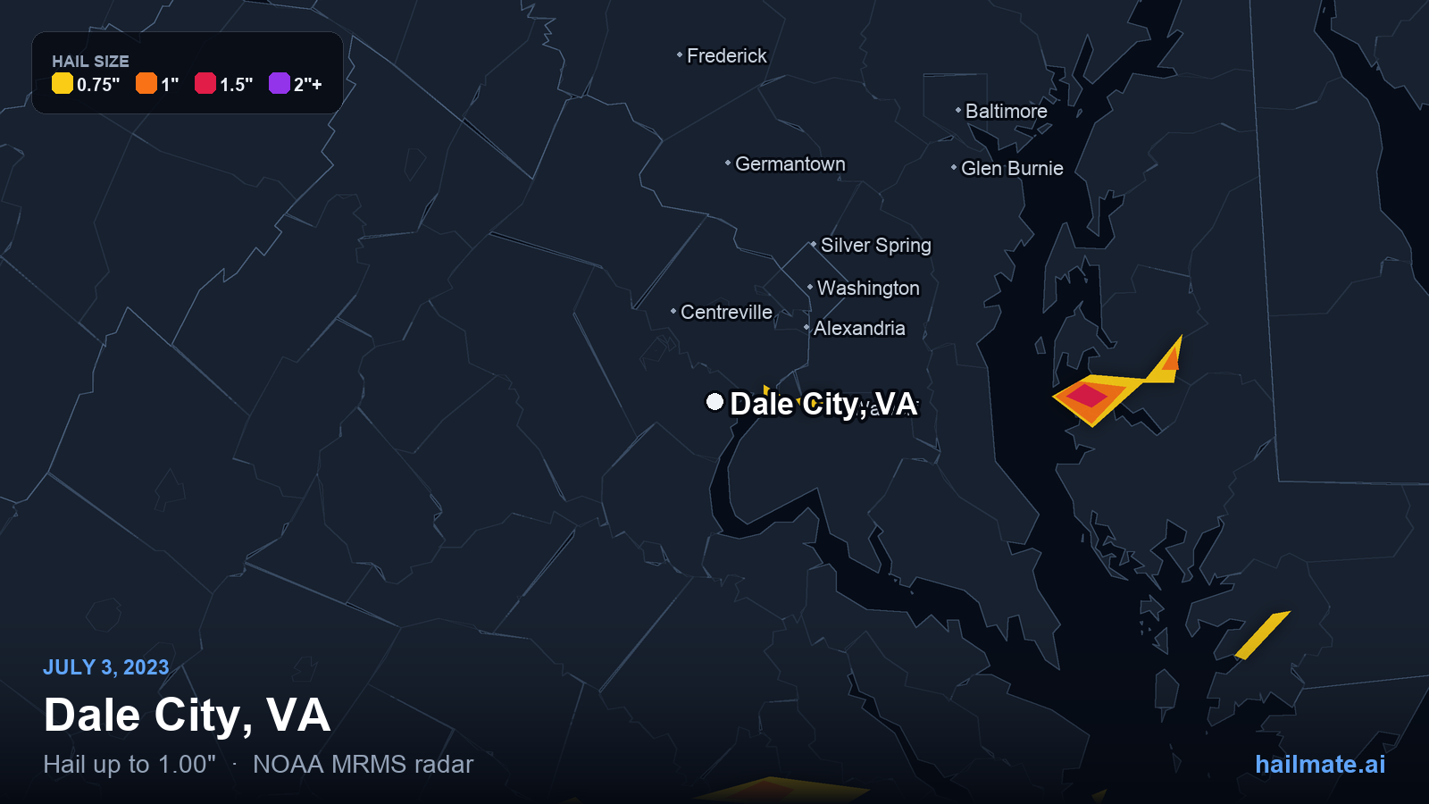Hail swath map for Dale City, VA on July 3, 2023 showing 1.00 inch hail.