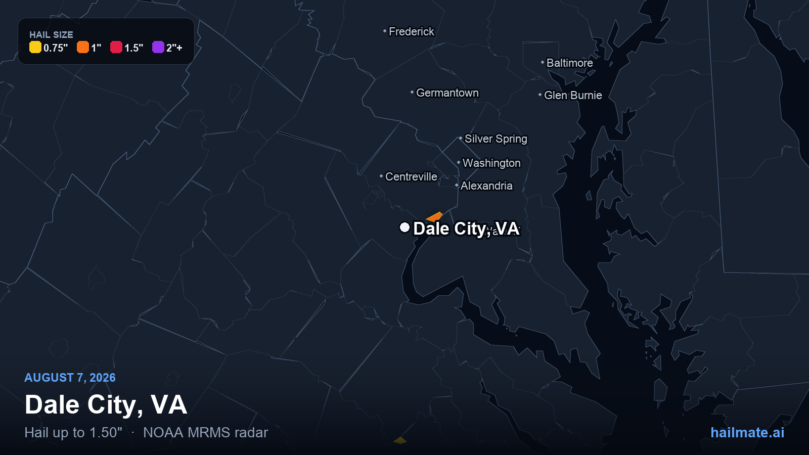 Hail swath map for Dale City, VA on August 7, 2026 showing 1.50 inch hail.