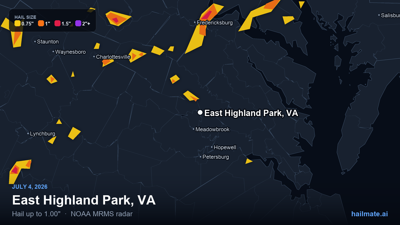 Hail swath map for East Highland Park, VA on July 4, 2026 showing 1.00 inch hail.