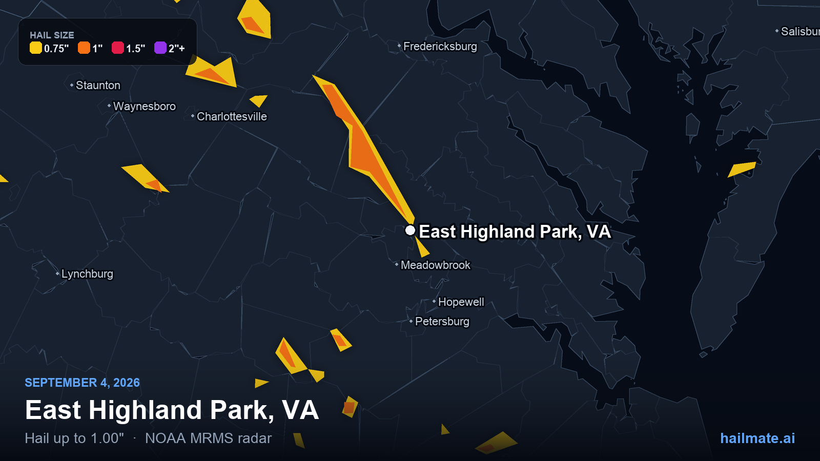 Hail swath map for East Highland Park, VA on September 4, 2026 showing 1.00 inch hail.