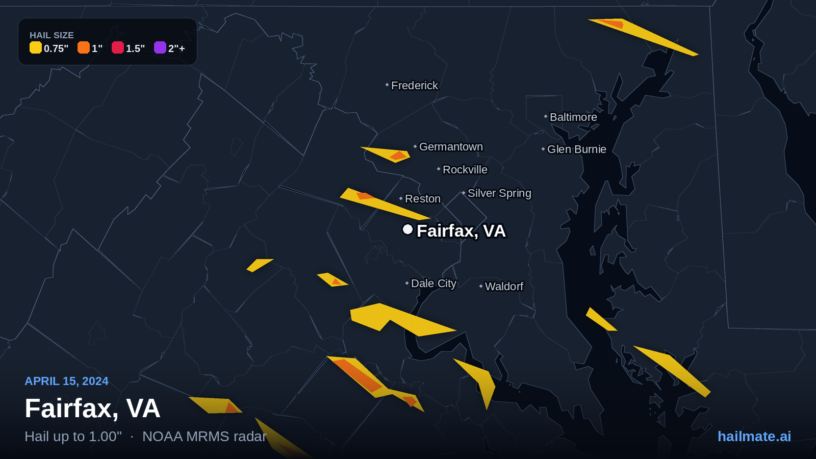 Hail swath map for Fairfax, VA on April 15, 2024 showing 1.00 inch hail.