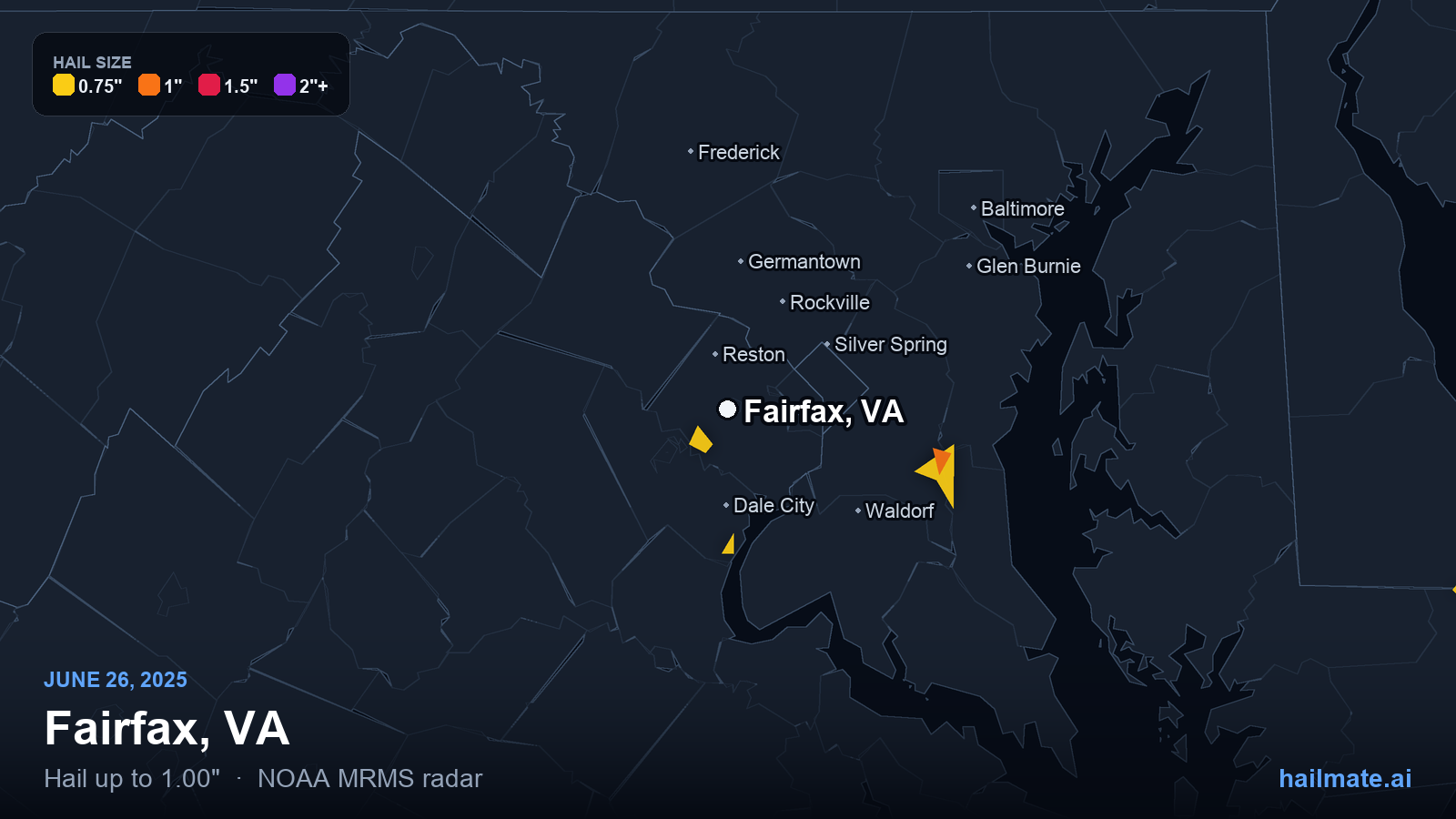 Hail swath map for Fairfax, VA on June 26, 2025 showing 1.00 inch hail.