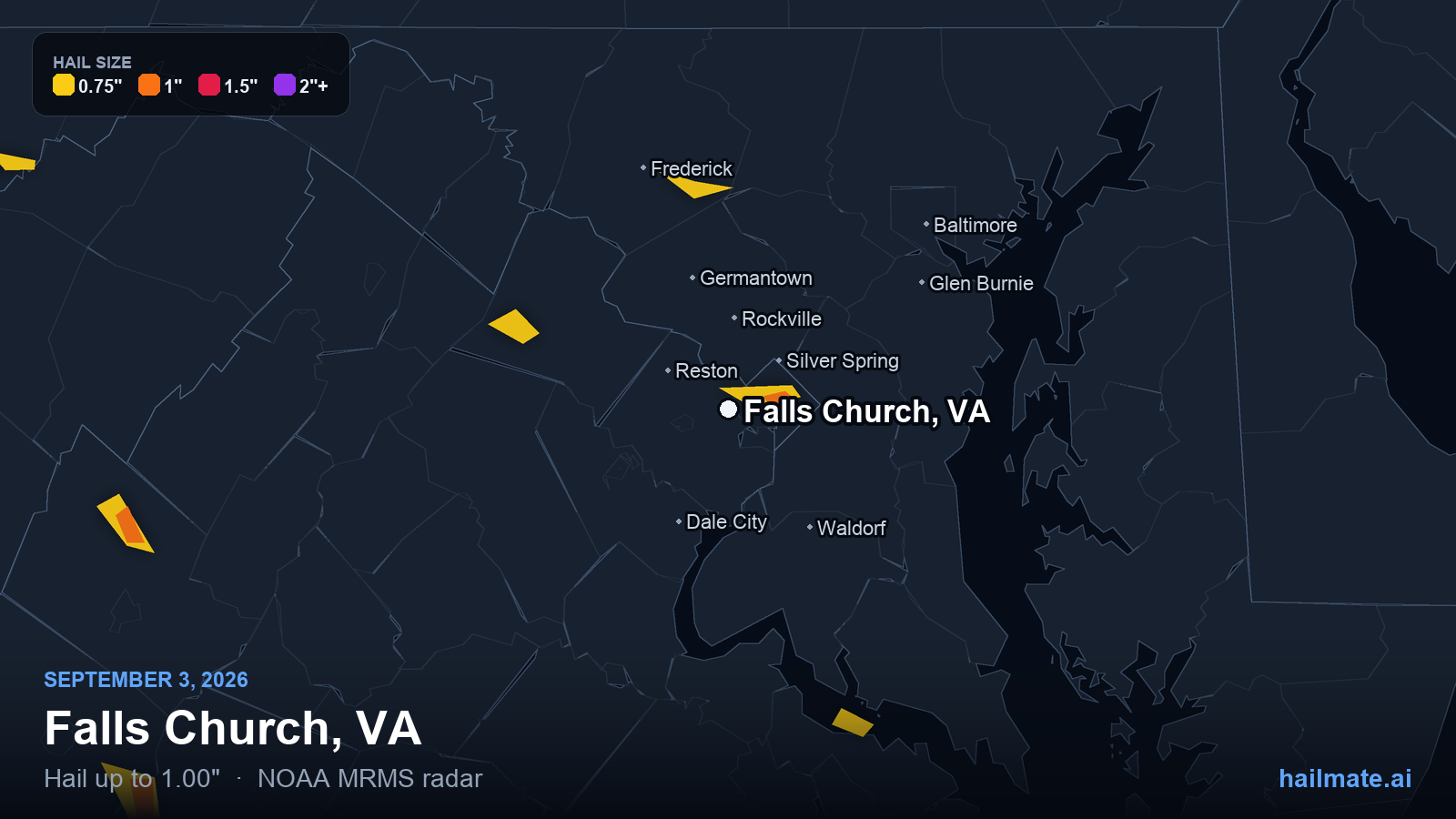 Hail swath map for Falls Church, VA on September 3, 2026 showing 1.00 inch hail.