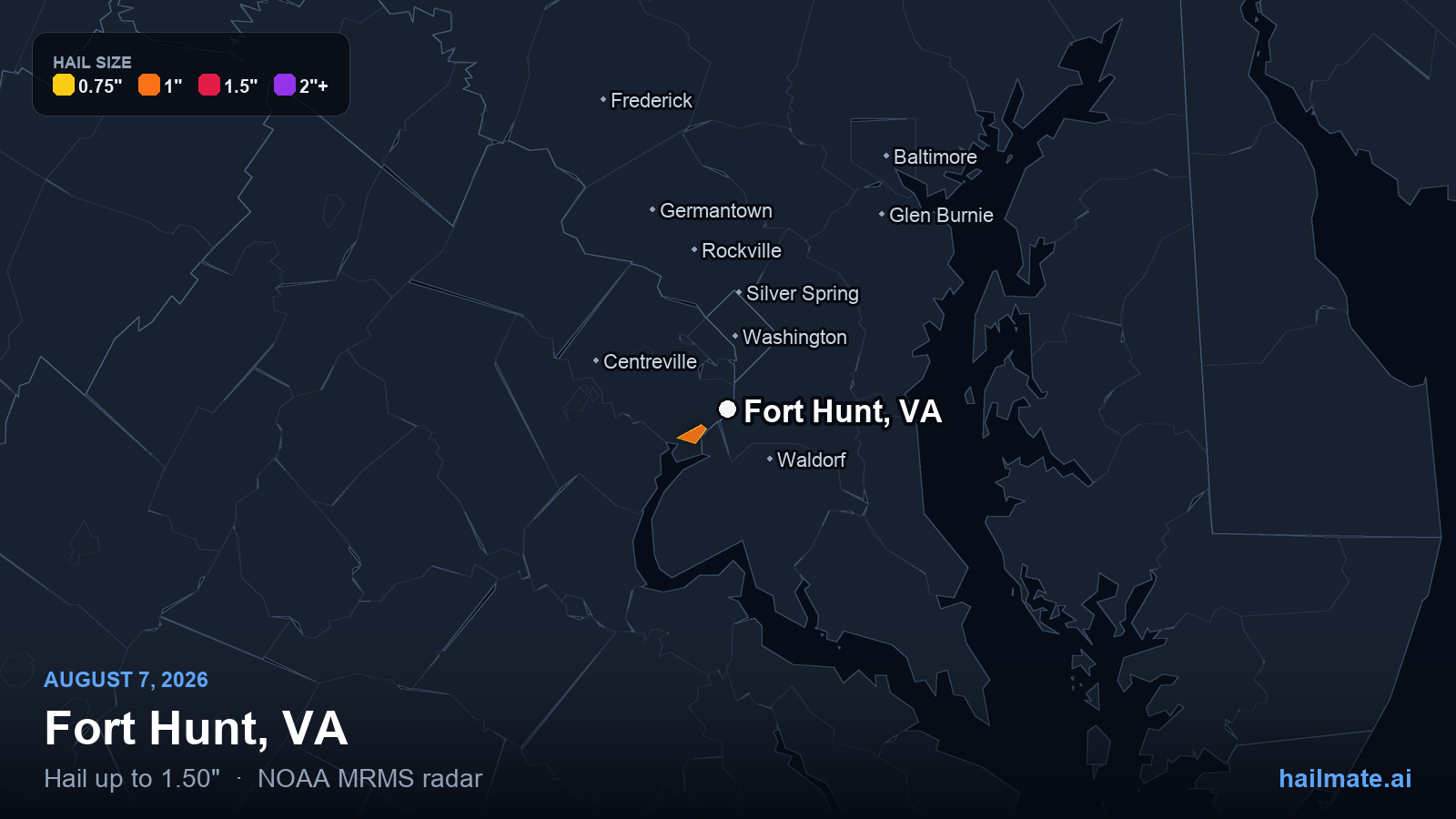 Hail swath map for Fort Hunt, VA on August 7, 2026 showing 1.50 inch hail.