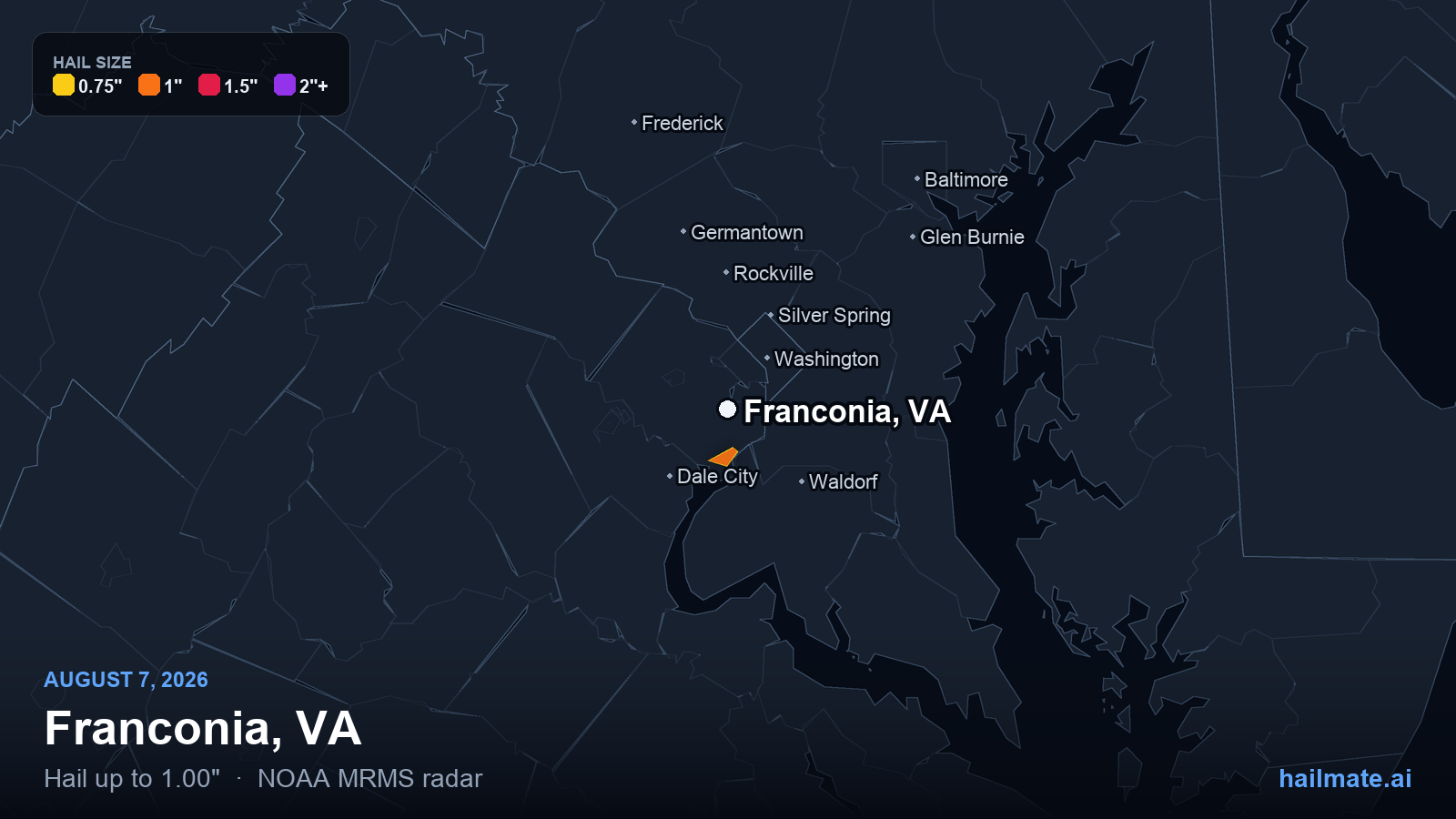 Hail swath map for Franconia, VA on August 7, 2026 showing 1.00 inch hail.