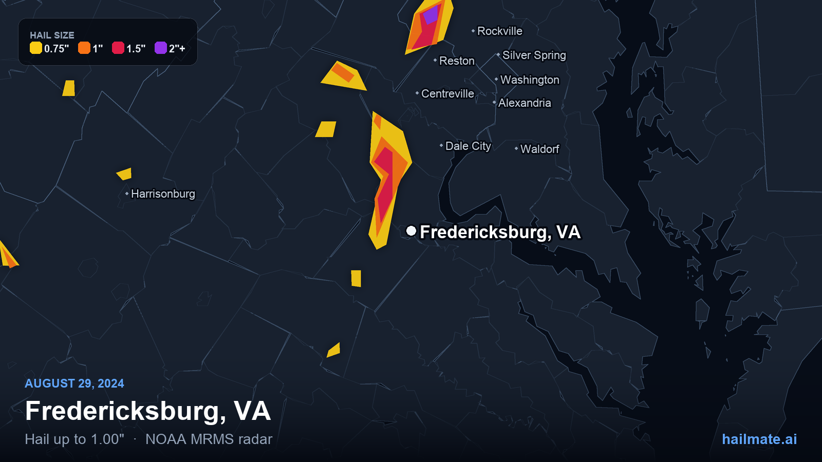 Hail swath map for Fredericksburg, VA on August 29, 2024 showing 1.00 inch hail.
