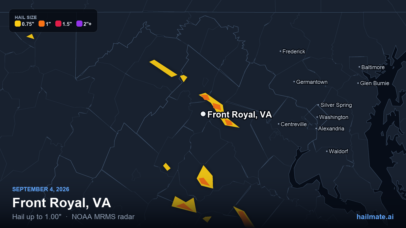 Hail swath map for Front Royal, VA on September 4, 2026 showing 1.00 inch hail.