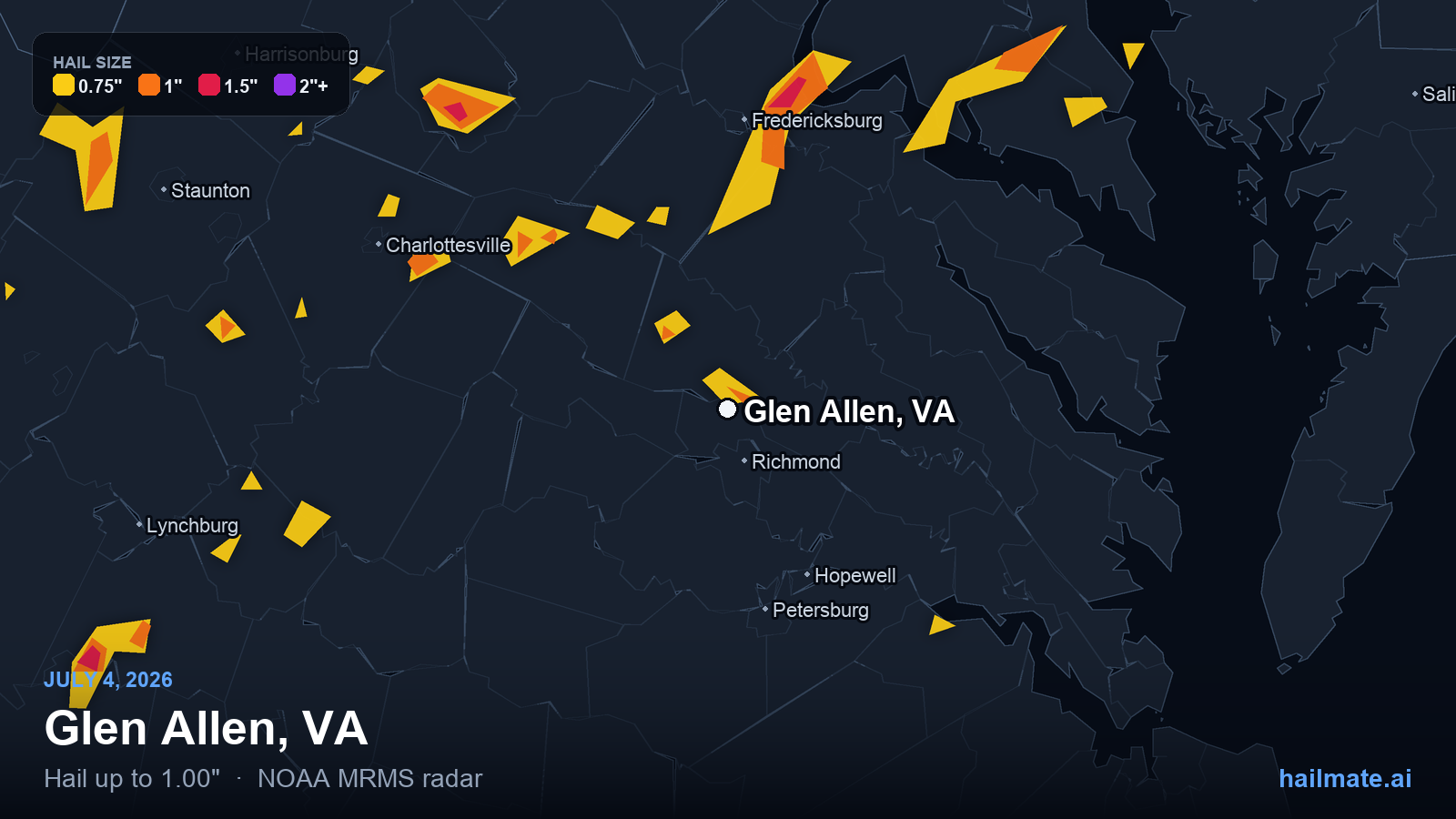Hail swath map for Glen Allen, VA on July 4, 2026 showing 1.00 inch hail.