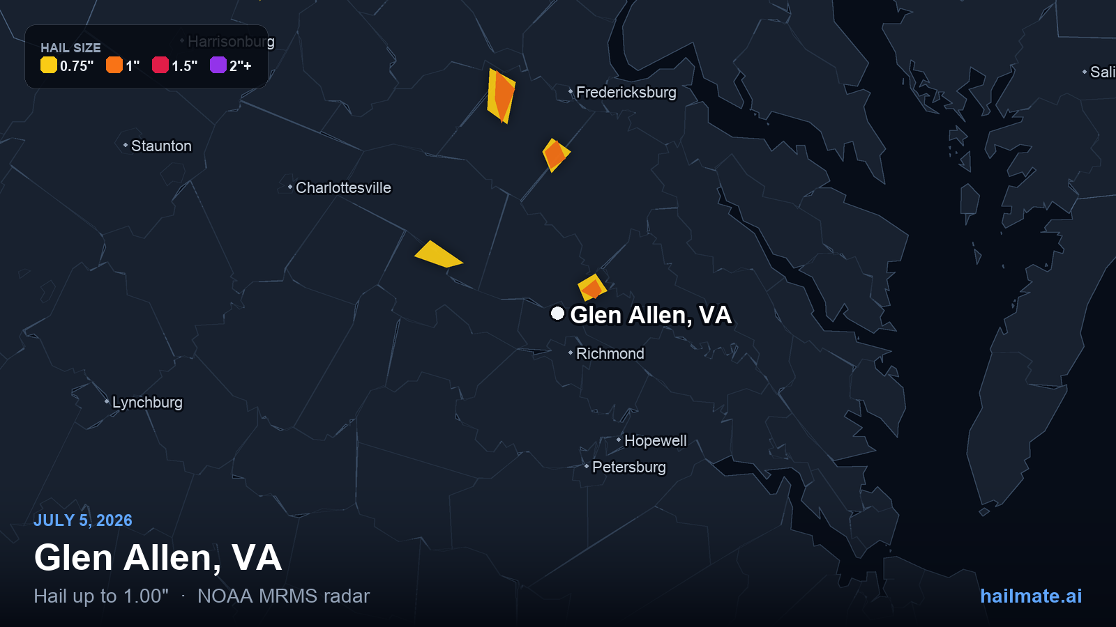 Hail swath map for Glen Allen, VA on July 5, 2026 showing 1.00 inch hail.