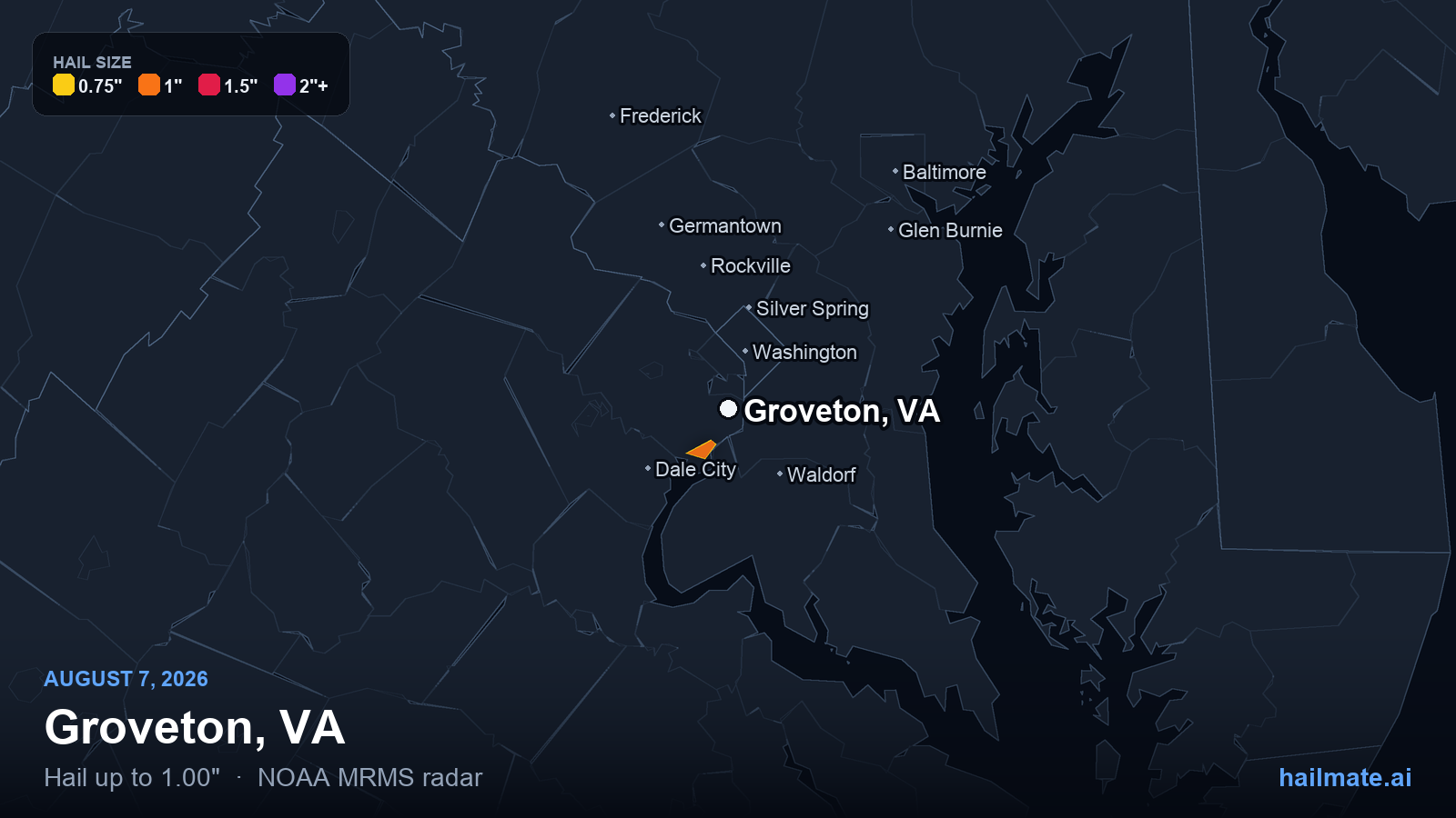 Hail swath map for Groveton, VA on August 7, 2026 showing 1.00 inch hail.