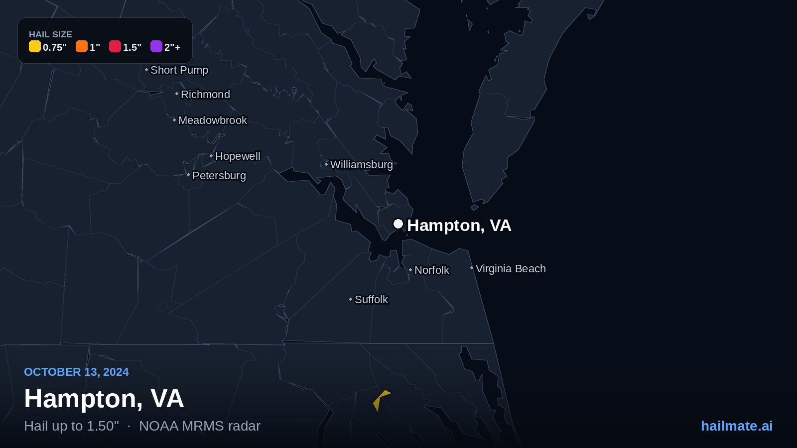 Hail swath map for Hampton, VA on October 13, 2024 showing 1.50 inch hail.