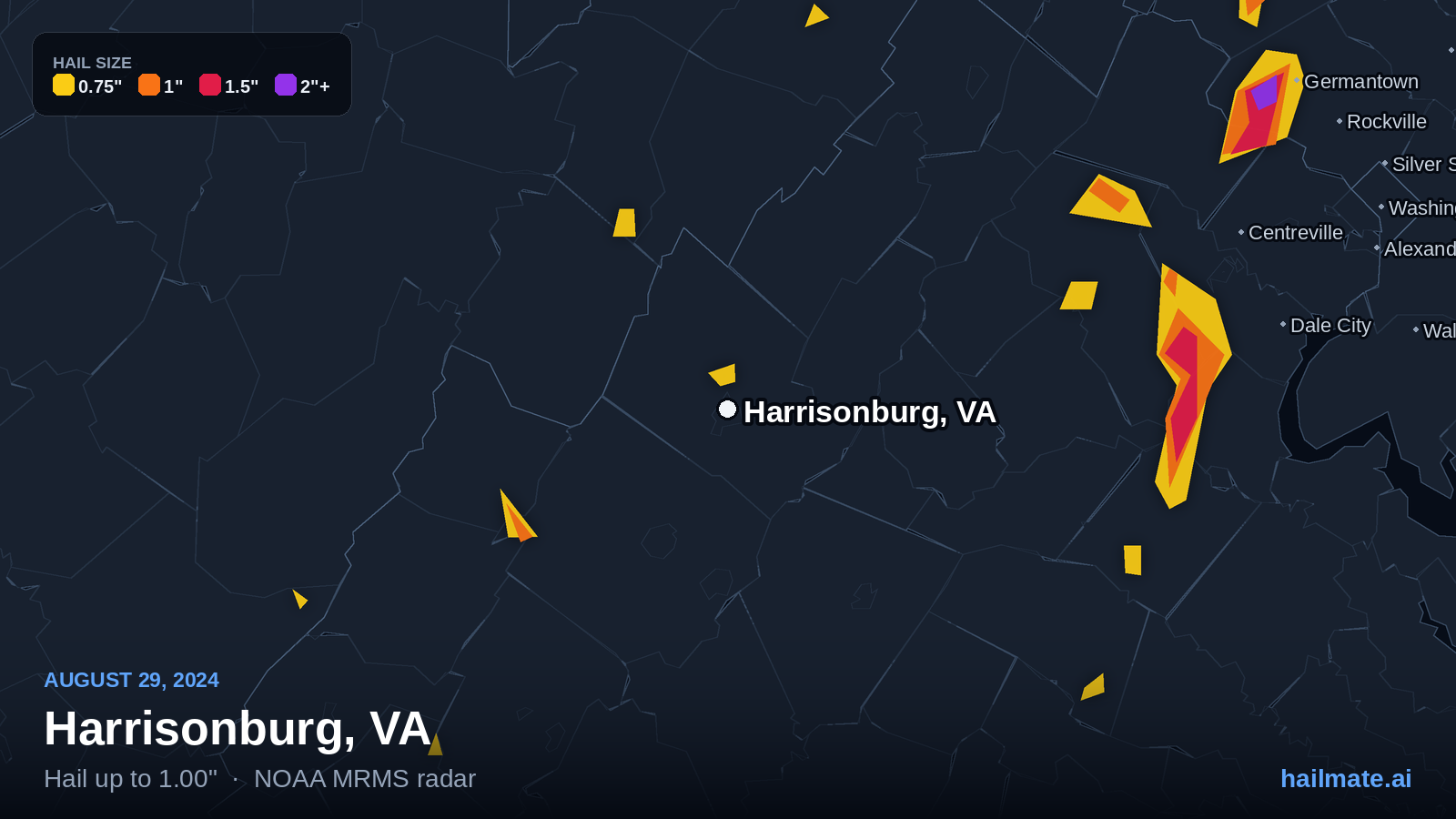 Hail swath map for Harrisonburg, VA on August 29, 2024 showing 1.00 inch hail.