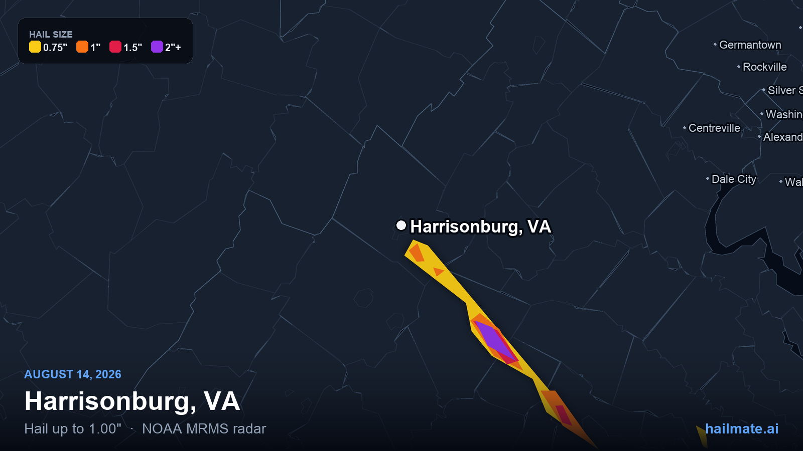 Hail swath map for Harrisonburg, VA on August 14, 2026 showing 1.00 inch hail.