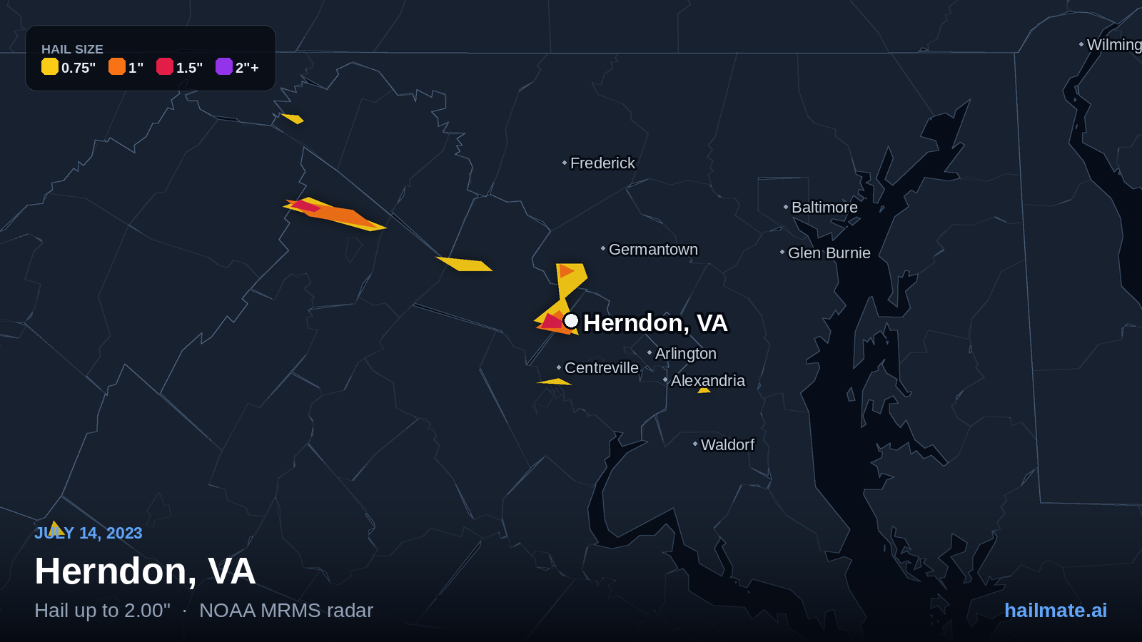 Hail swath map for Herndon, VA on July 14, 2023 showing 2.00 inch hail.