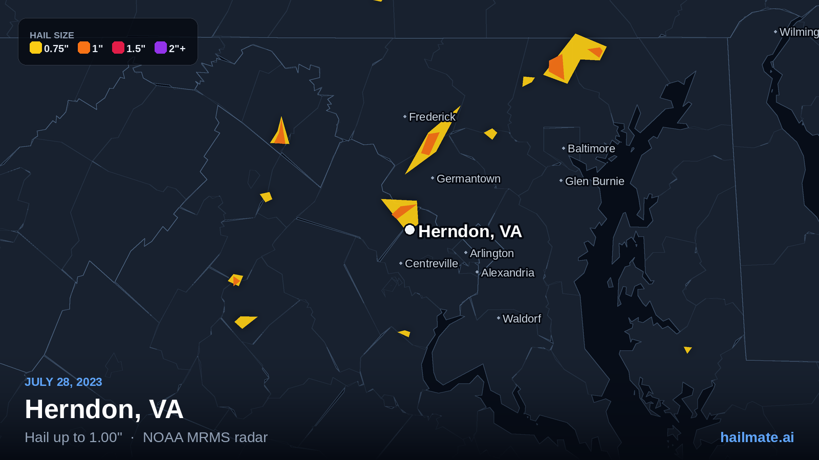 Hail swath map for Herndon, VA on July 28, 2023 showing 1.00 inch hail.