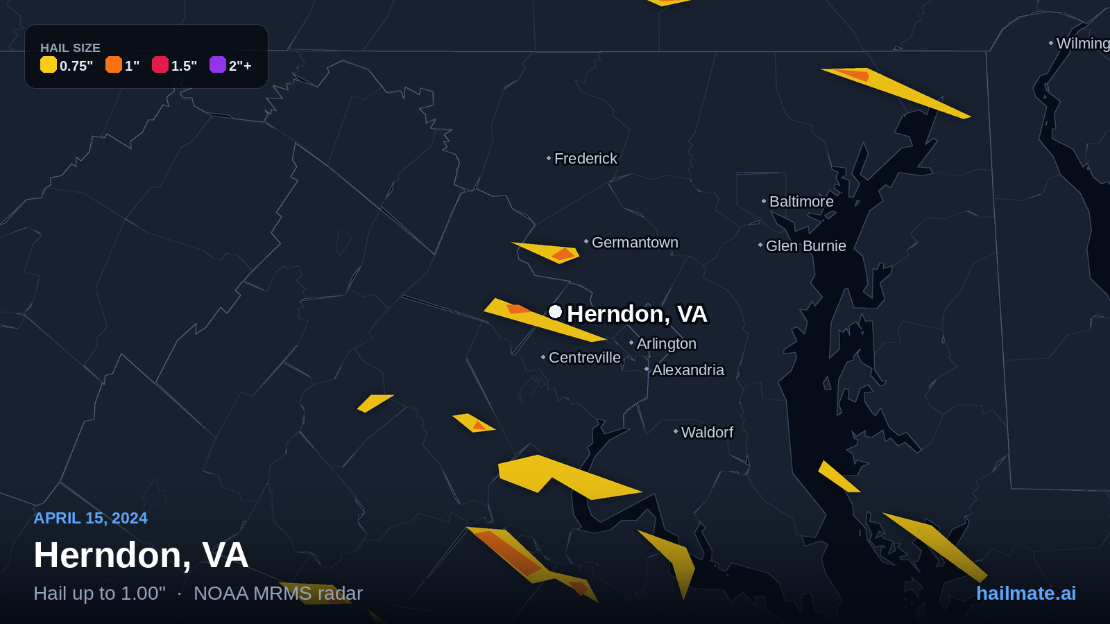 Hail swath map for Herndon, VA on April 15, 2024 showing 1.00 inch hail.