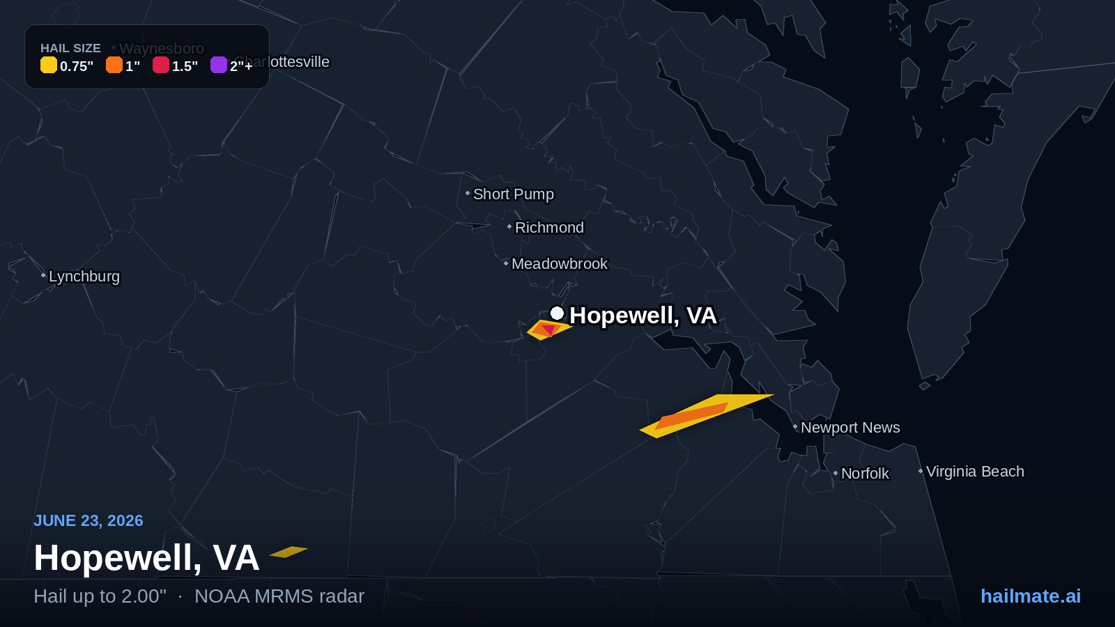 Hail swath map for Hopewell, VA on June 23, 2026 showing 2.00 inch hail.