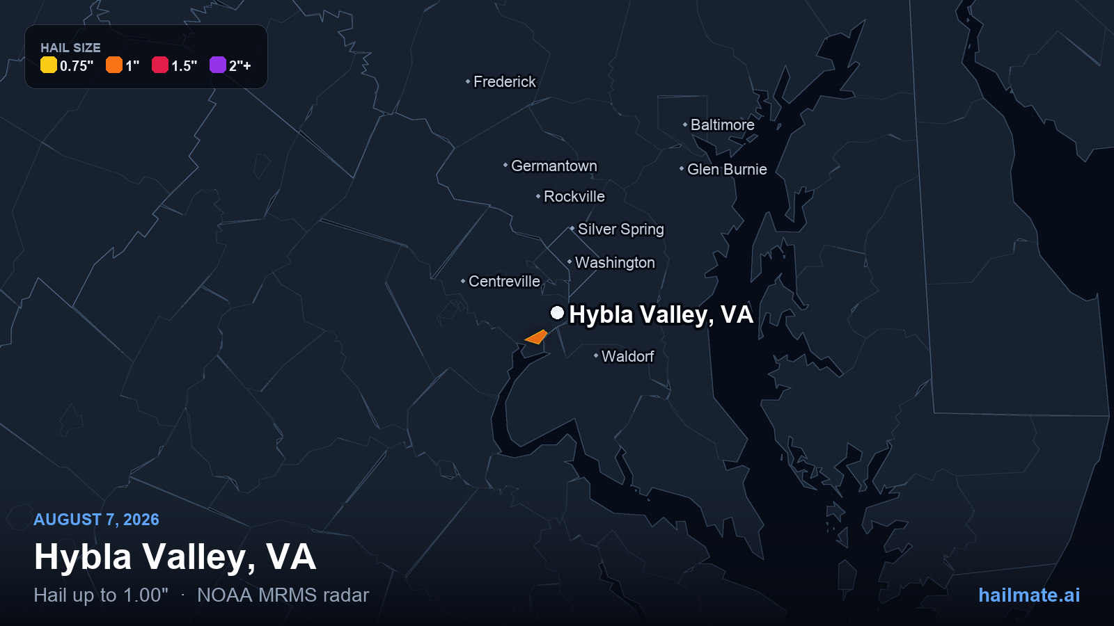 Hail swath map for Hybla Valley, VA on August 7, 2026 showing 1.00 inch hail.