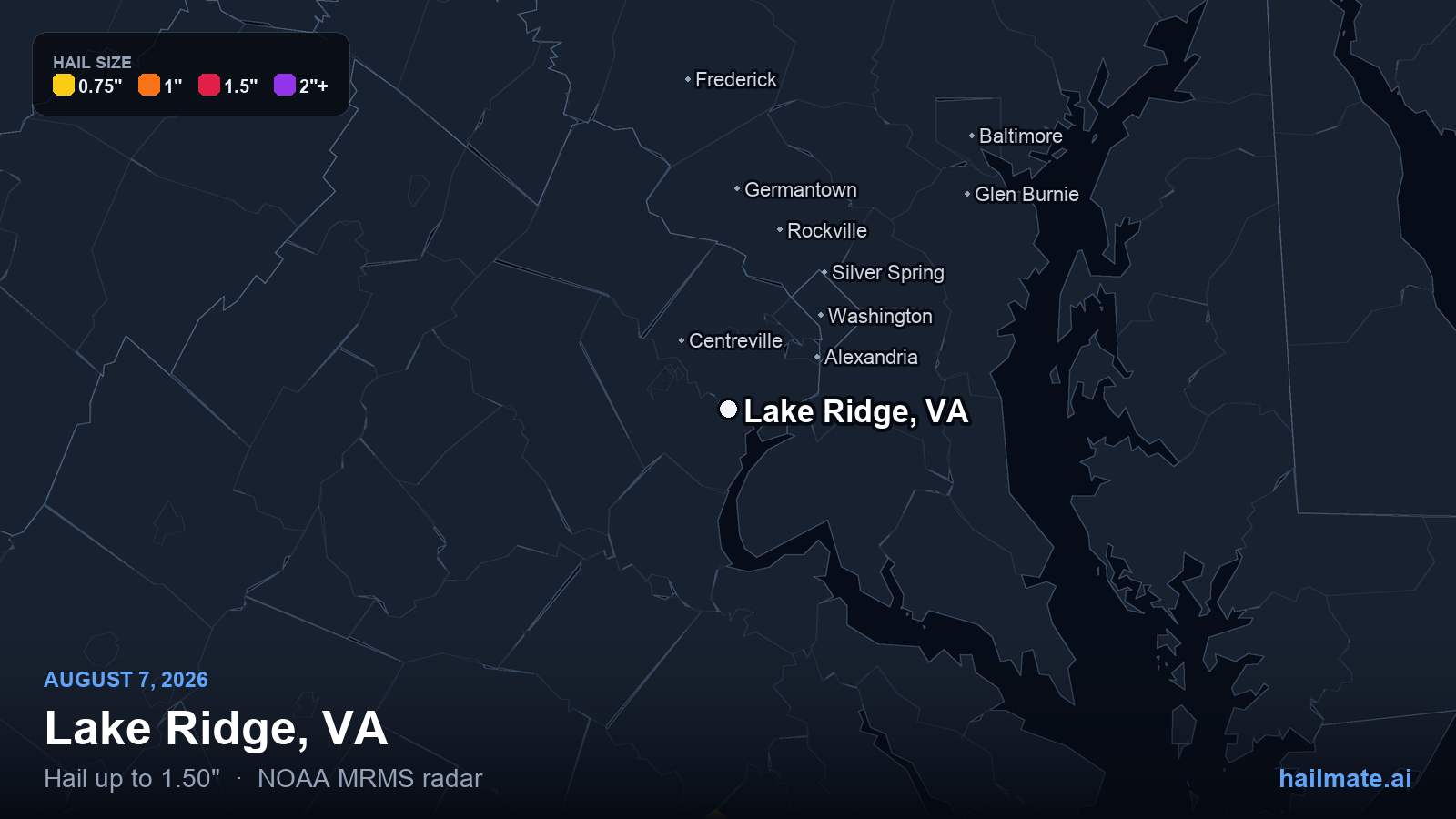 Hail swath map for Lake Ridge, VA on August 7, 2026 showing 1.50 inch hail.