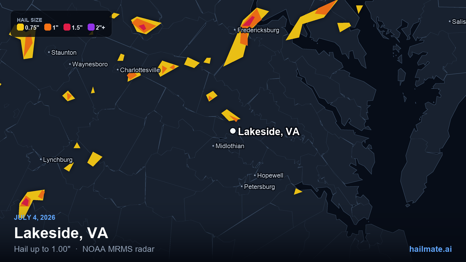 Hail swath map for Lakeside, VA on July 4, 2026 showing 1.00 inch hail.