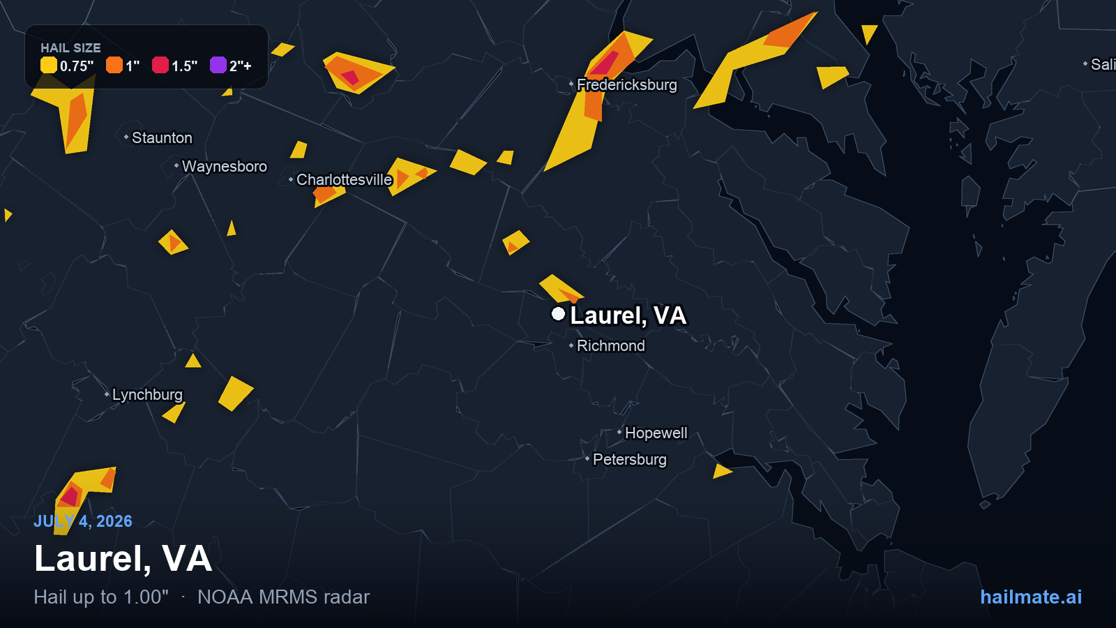 Hail swath map for Laurel, VA on July 4, 2026 showing 1.00 inch hail.