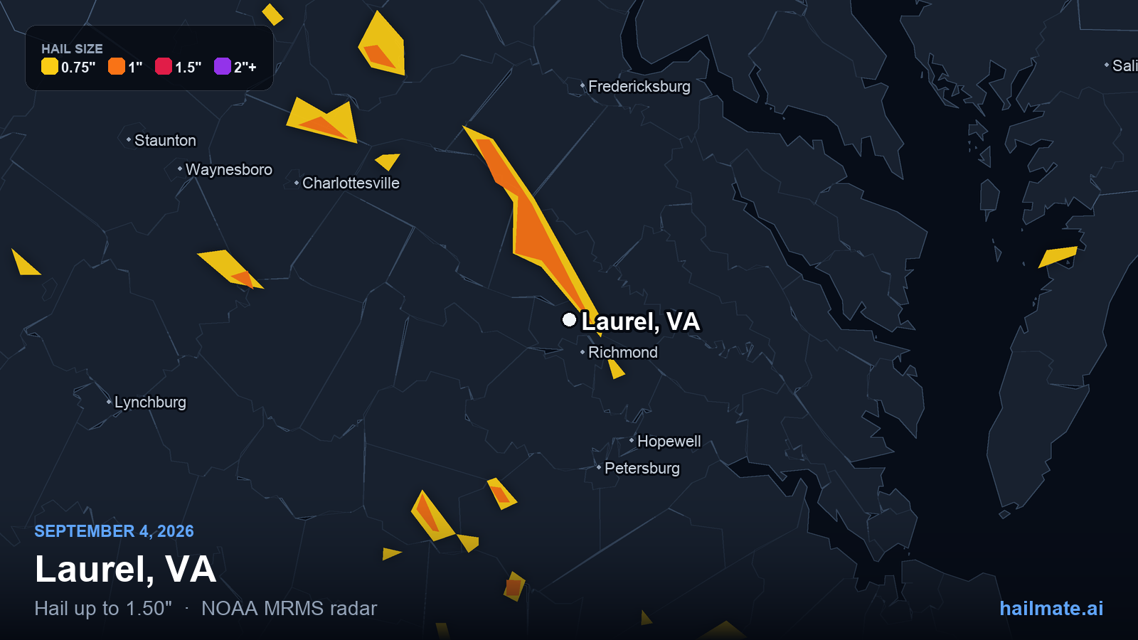 Hail swath map for Laurel, VA on September 4, 2026 showing 1.50 inch hail.