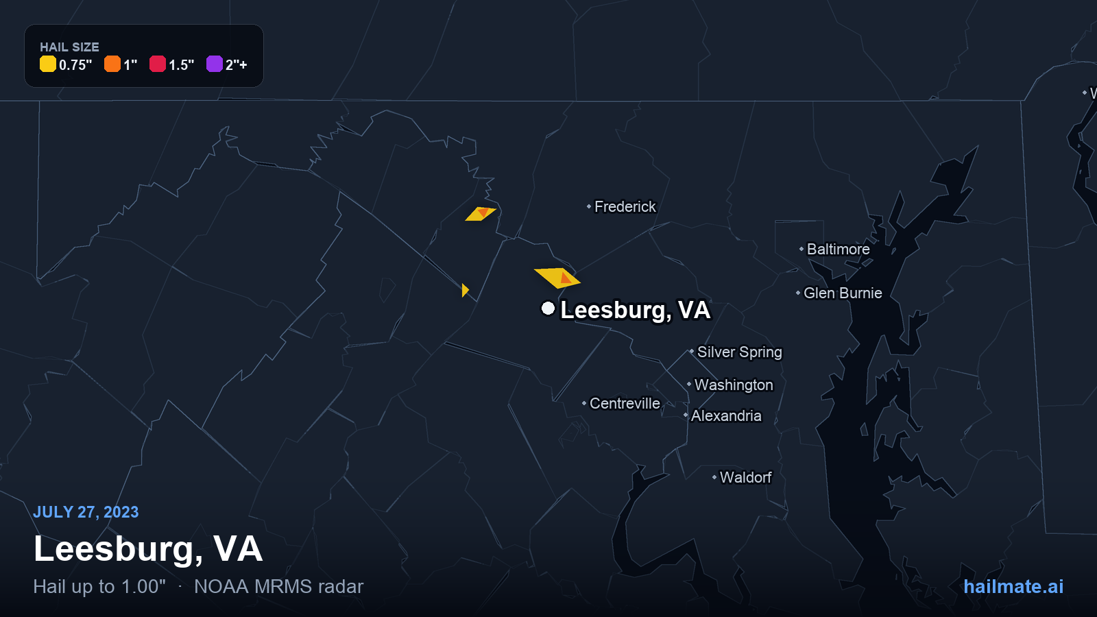 Hail swath map for Leesburg, VA on July 27, 2023 showing 1.00 inch hail.