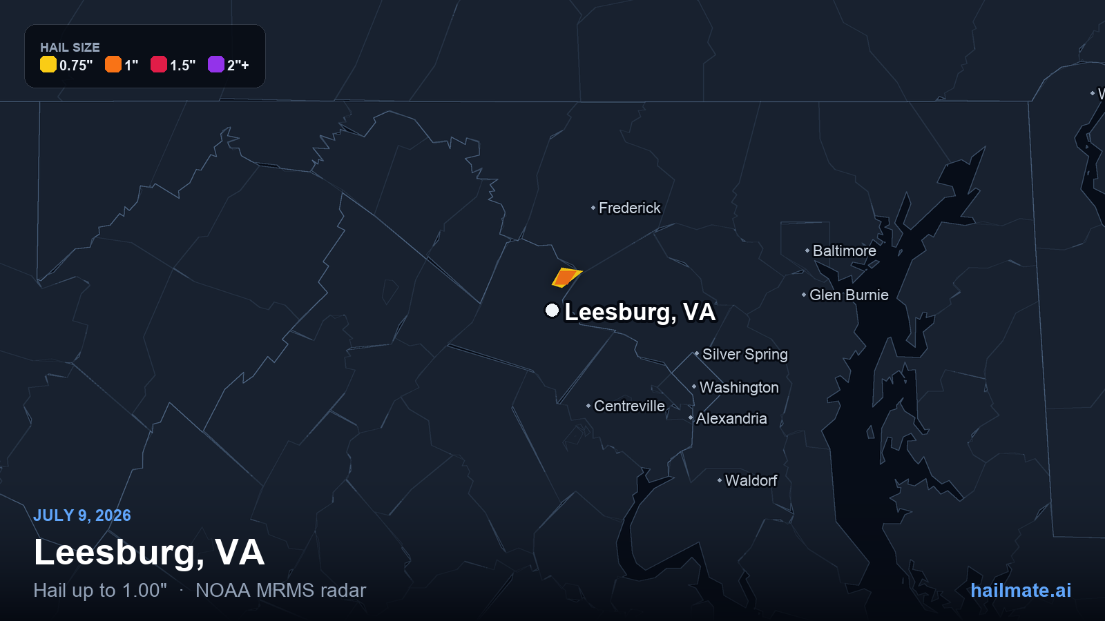 Hail swath map for Leesburg, VA on July 9, 2026 showing 1.00 inch hail.