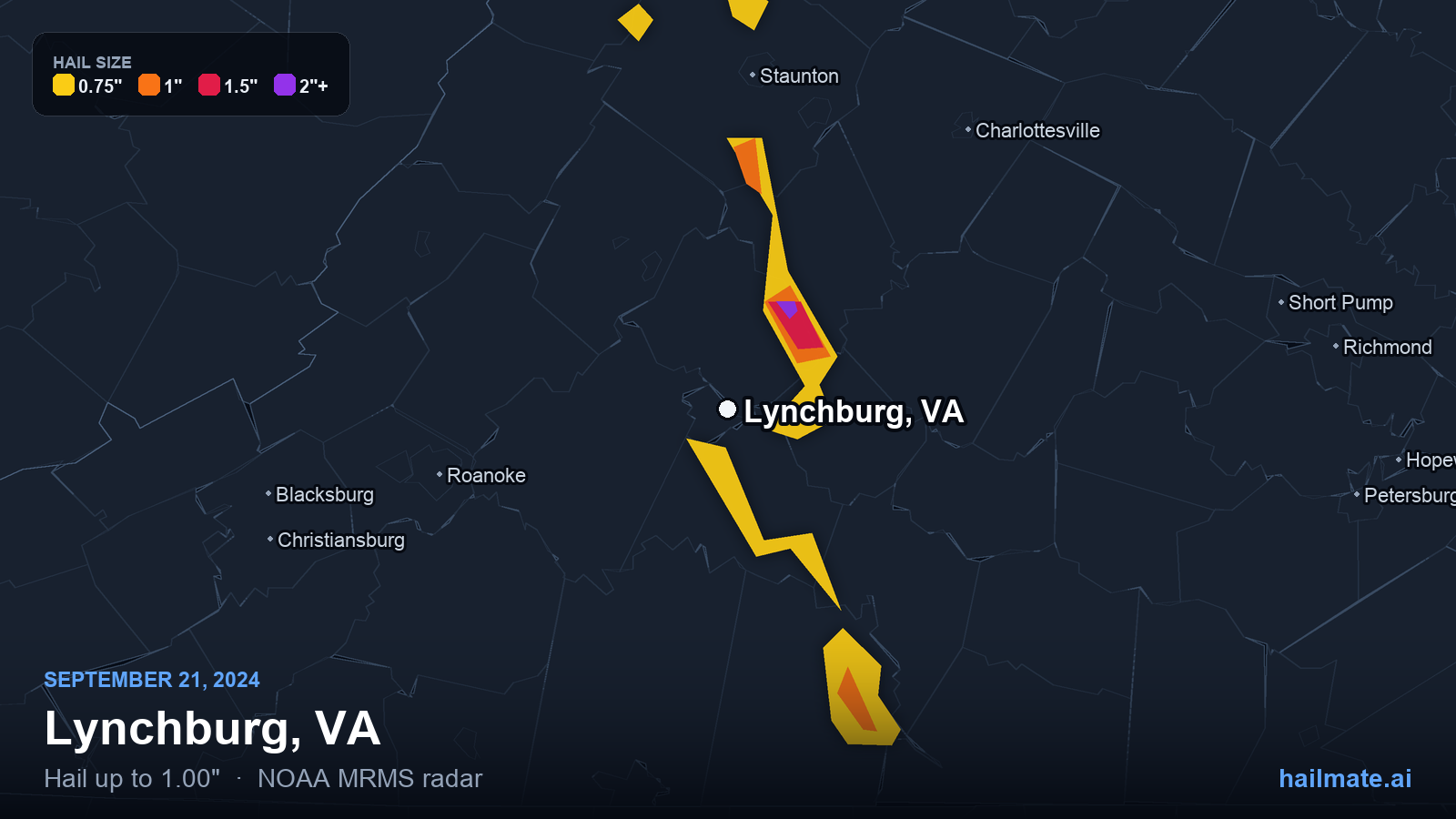 Hail swath map for Lynchburg, VA on September 21, 2024 showing 1.00 inch hail.