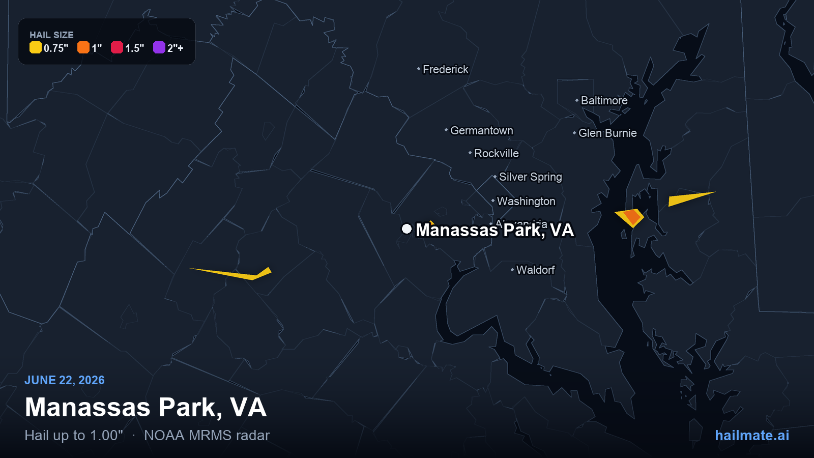Hail swath map for Manassas Park, VA on June 22, 2026 showing 1.00 inch hail.