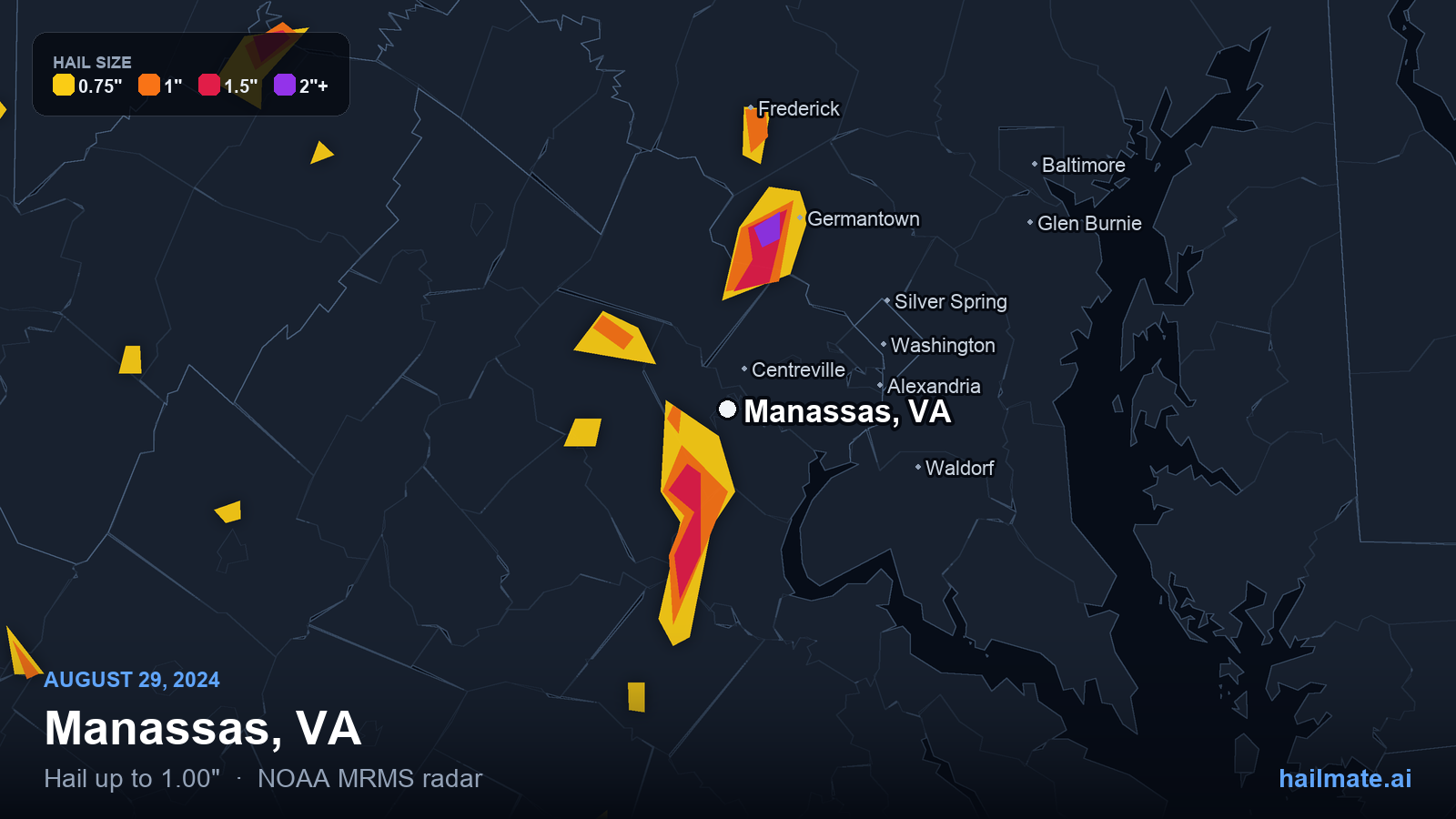 Hail swath map for Manassas, VA on August 29, 2024 showing 1.00 inch hail.