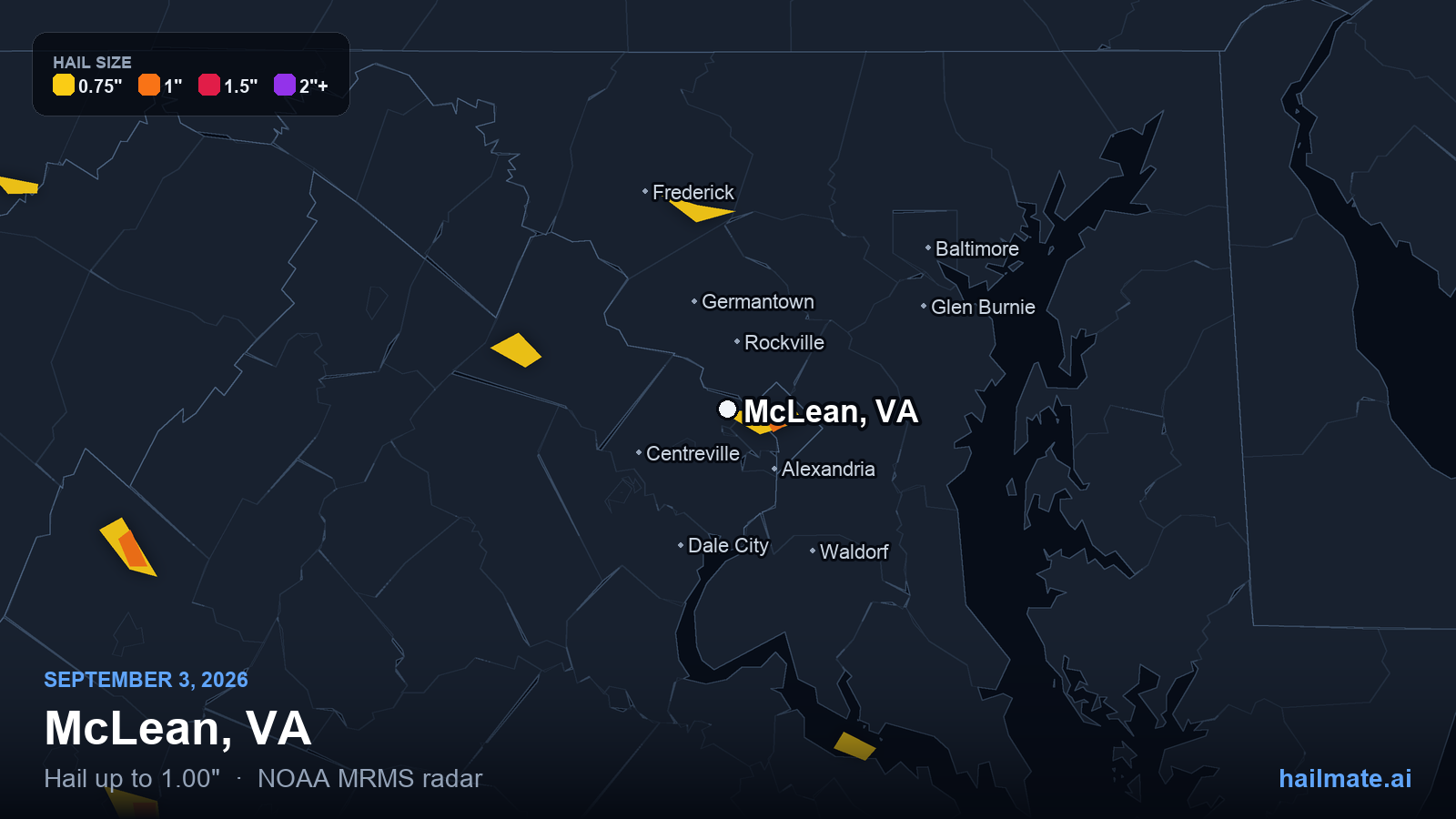 Hail swath map for McLean, VA on September 3, 2026 showing 1.00 inch hail.