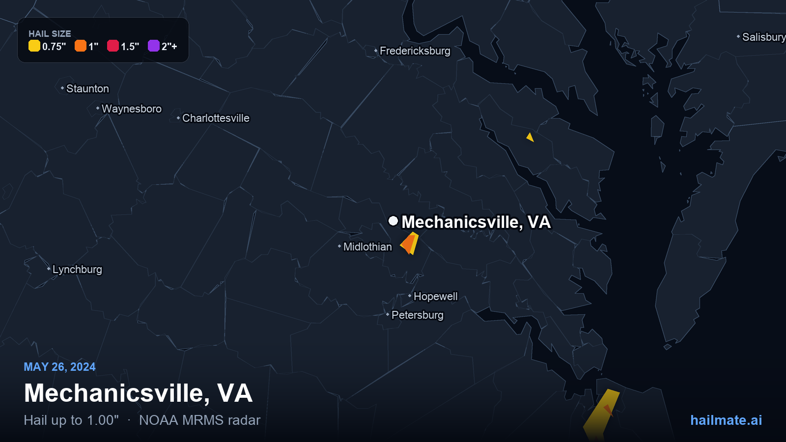 Hail swath map for Mechanicsville, VA on May 26, 2024 showing 1.00 inch hail.