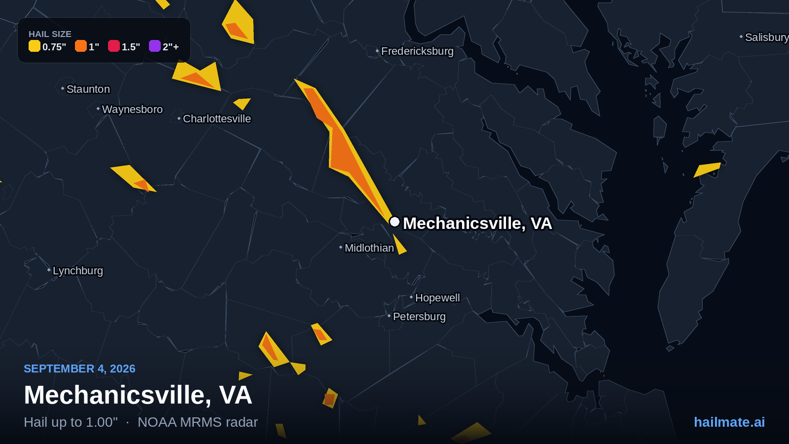 Hail swath map for Mechanicsville, VA on September 4, 2026 showing 1.00 inch hail.