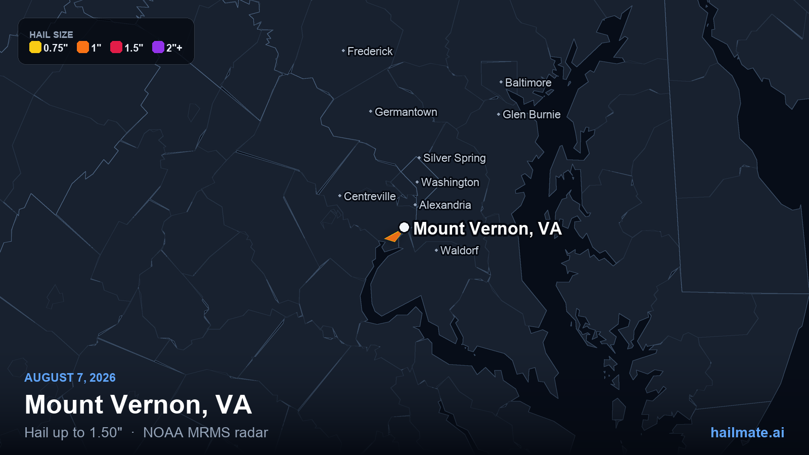 Hail swath map for Mount Vernon, VA on August 7, 2026 showing 1.50 inch hail.