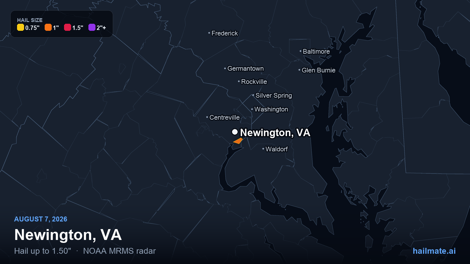 Hail swath map for Newington, VA on August 7, 2026 showing 1.50 inch hail.