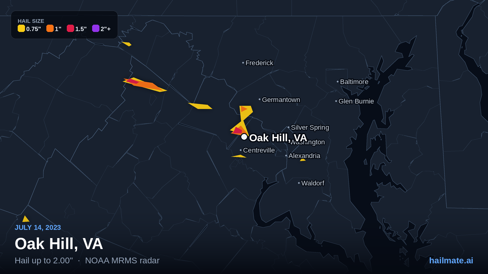 Hail swath map for Oak Hill, VA on July 14, 2023 showing 2.00 inch hail.