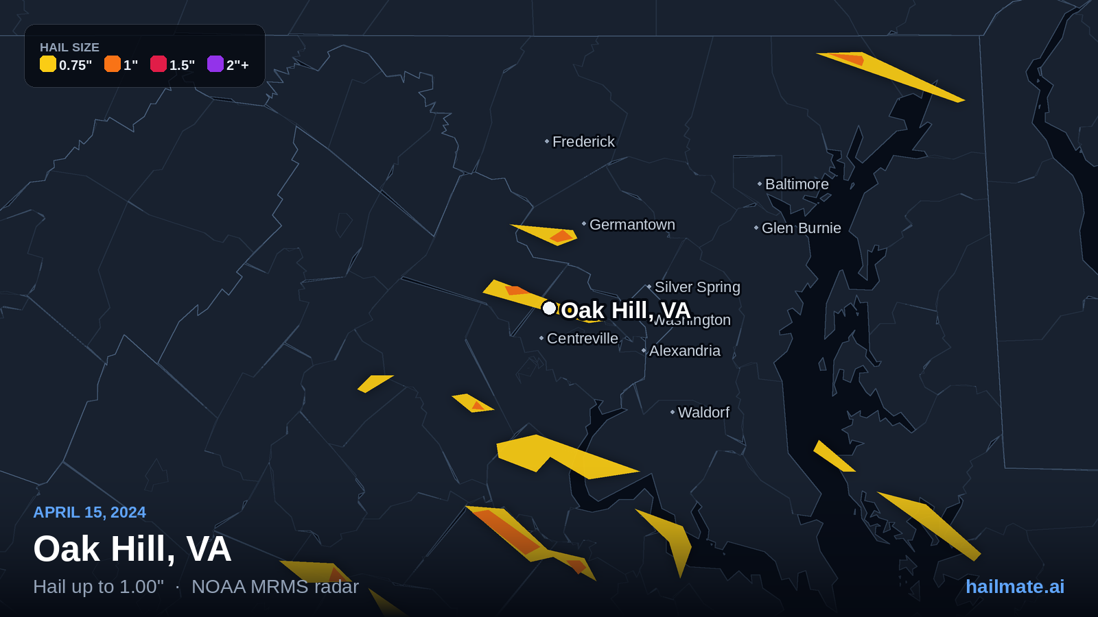 Hail swath map for Oak Hill, VA on April 15, 2024 showing 1.00 inch hail.