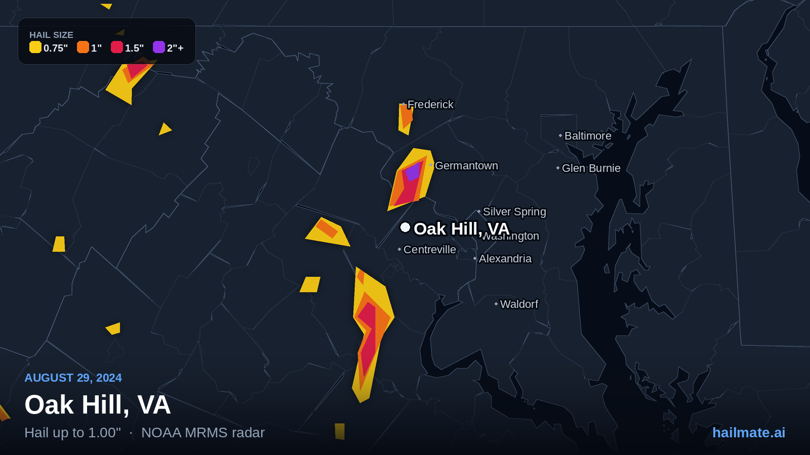 Hail swath map for Oak Hill, VA on August 29, 2024 showing 1.00 inch hail.