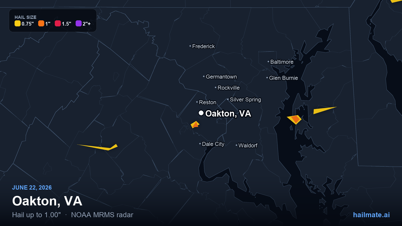 Hail swath map for Oakton, VA on June 22, 2026 showing 1.00 inch hail.