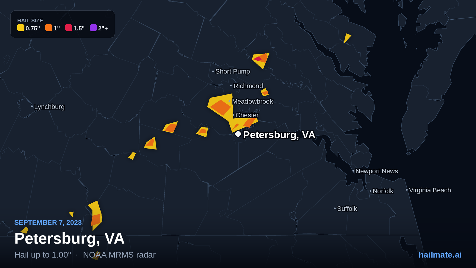 Hail swath map for Petersburg, VA on September 7, 2023 showing 1.00 inch hail.