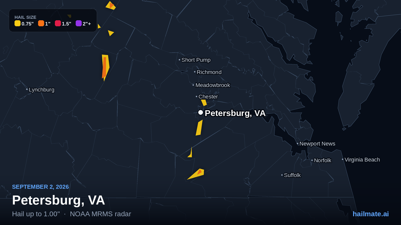 Hail swath map for Petersburg, VA on September 2, 2026 showing 1.00 inch hail.